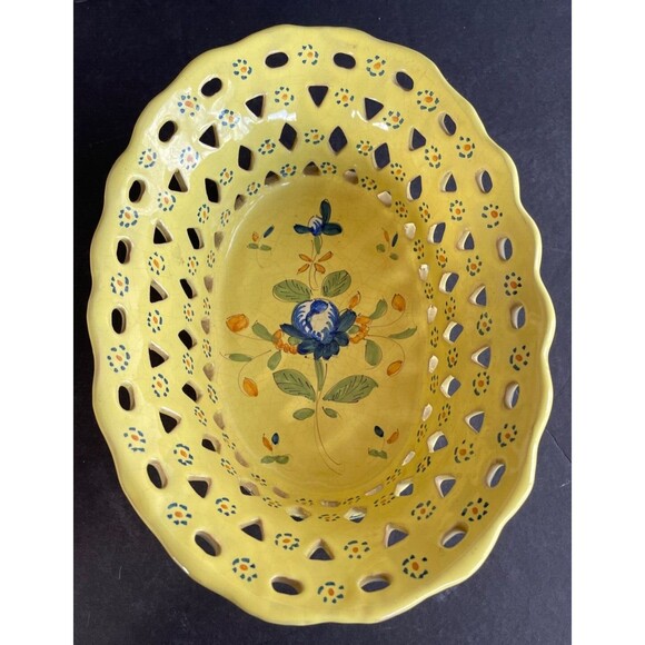 Vintage Hand Painted Lattice Ceramic Basket 10" Yellow Signed France RARE - Picture 5 of 9